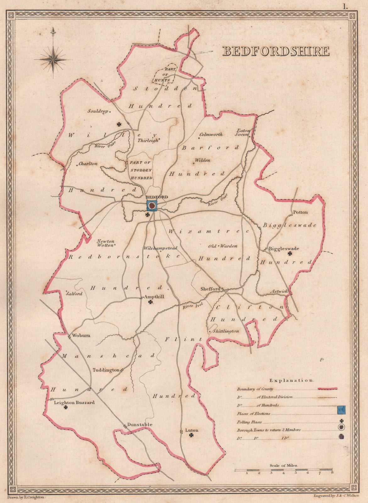 BEDFORDSHIRE antique county map by CREIGHTON/WALKER. Electoral 1835 old
